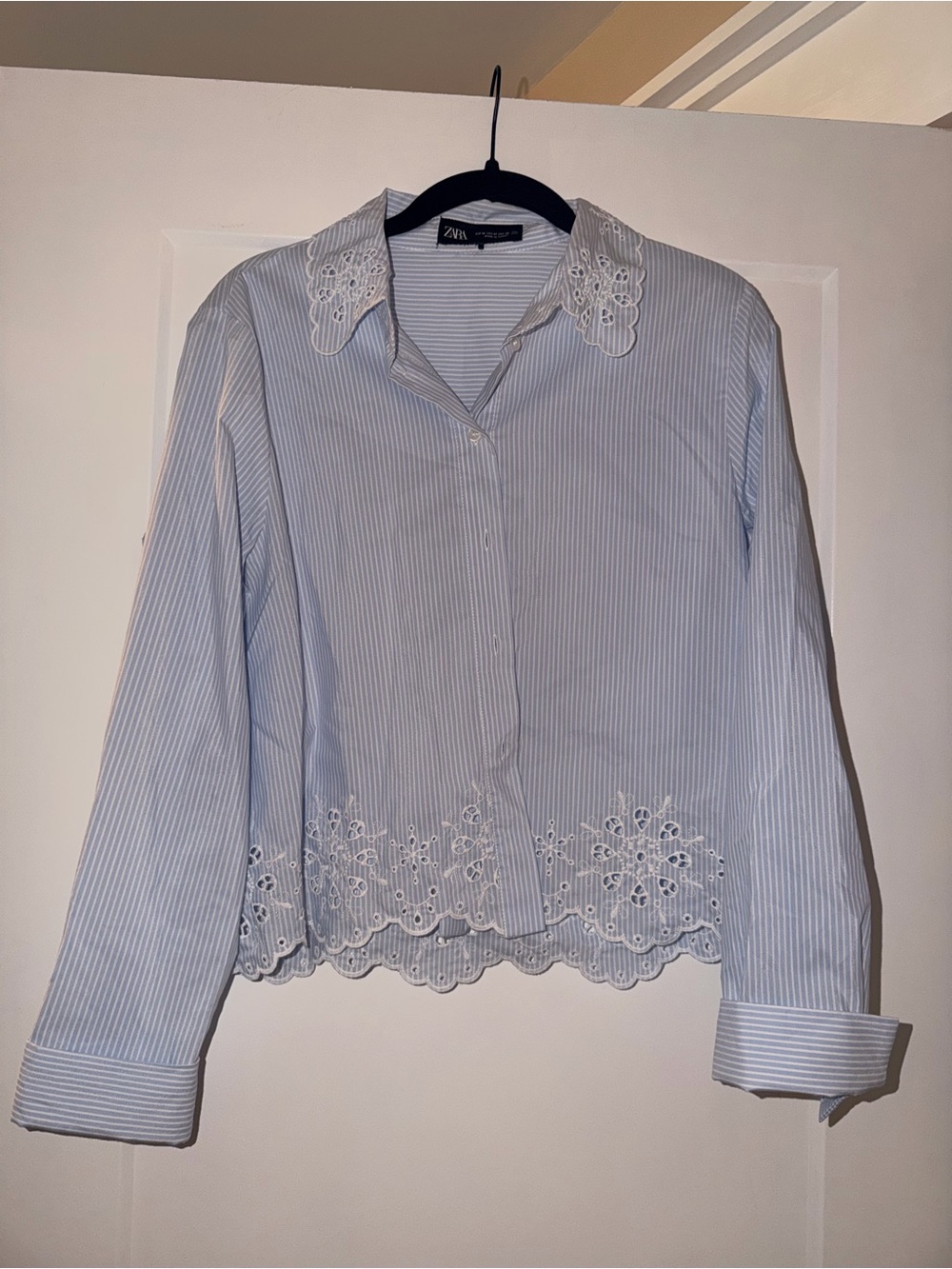 Zara Light Blue Striped Eyelet Collar Shirt